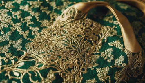 這款別緻的手提包由金線和綠線編織而成，呈現錦緞圖案。