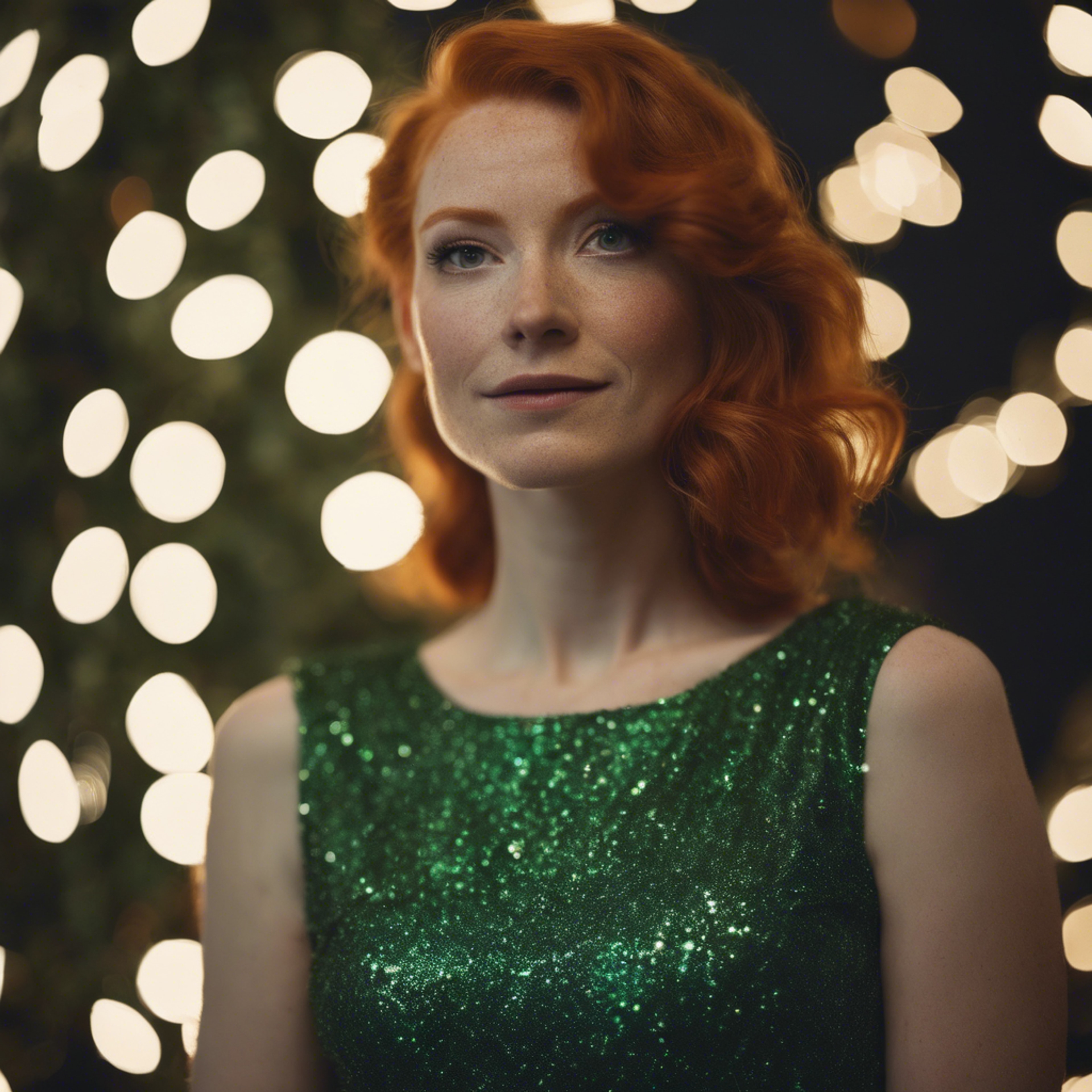 A redheaded woman wearing a sparkly green dress at a Christmas party Ფონი[a7aea6b7222f4d2facc9]