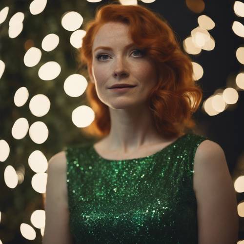 A redheaded woman wearing a sparkly green dress at a Christmas party