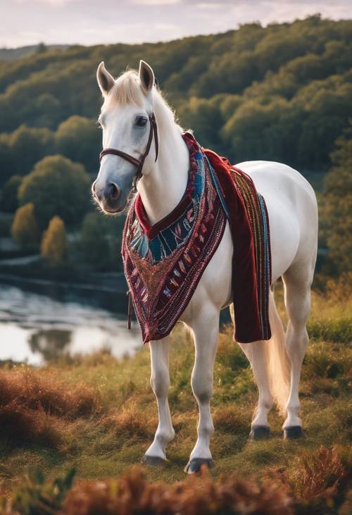 一匹身穿宝石色衣服、盖着天鹅绒马鞍毯的漂亮马站在山上，俯瞰着一条波光粼粼的河流。