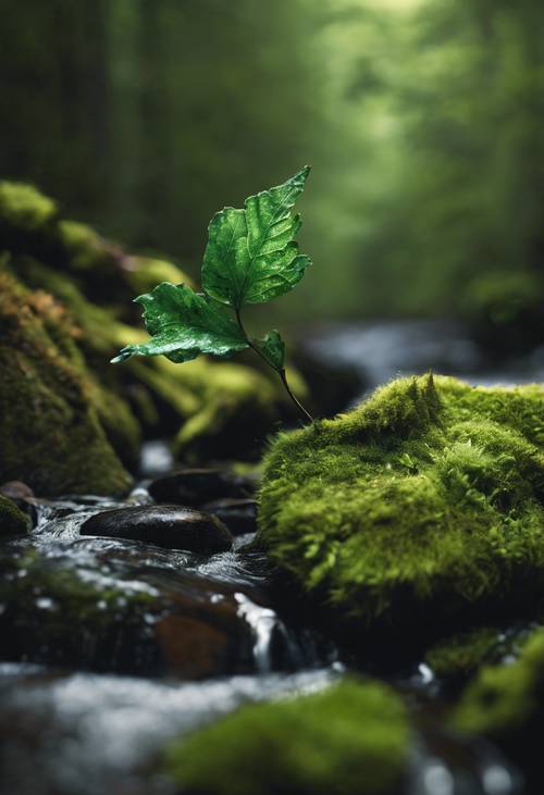 Uma folha ondulante, áspera e verde-escura, pousada no topo de uma pedra coberta de musgo perto de um riacho turbulento na floresta.