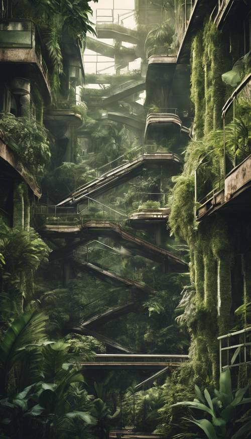 Moderne Dschungelstadt mit mehreren Ebenen – Untergrund, Straßenebene und erhöhte, mit Grün bedeckte Plattformen.