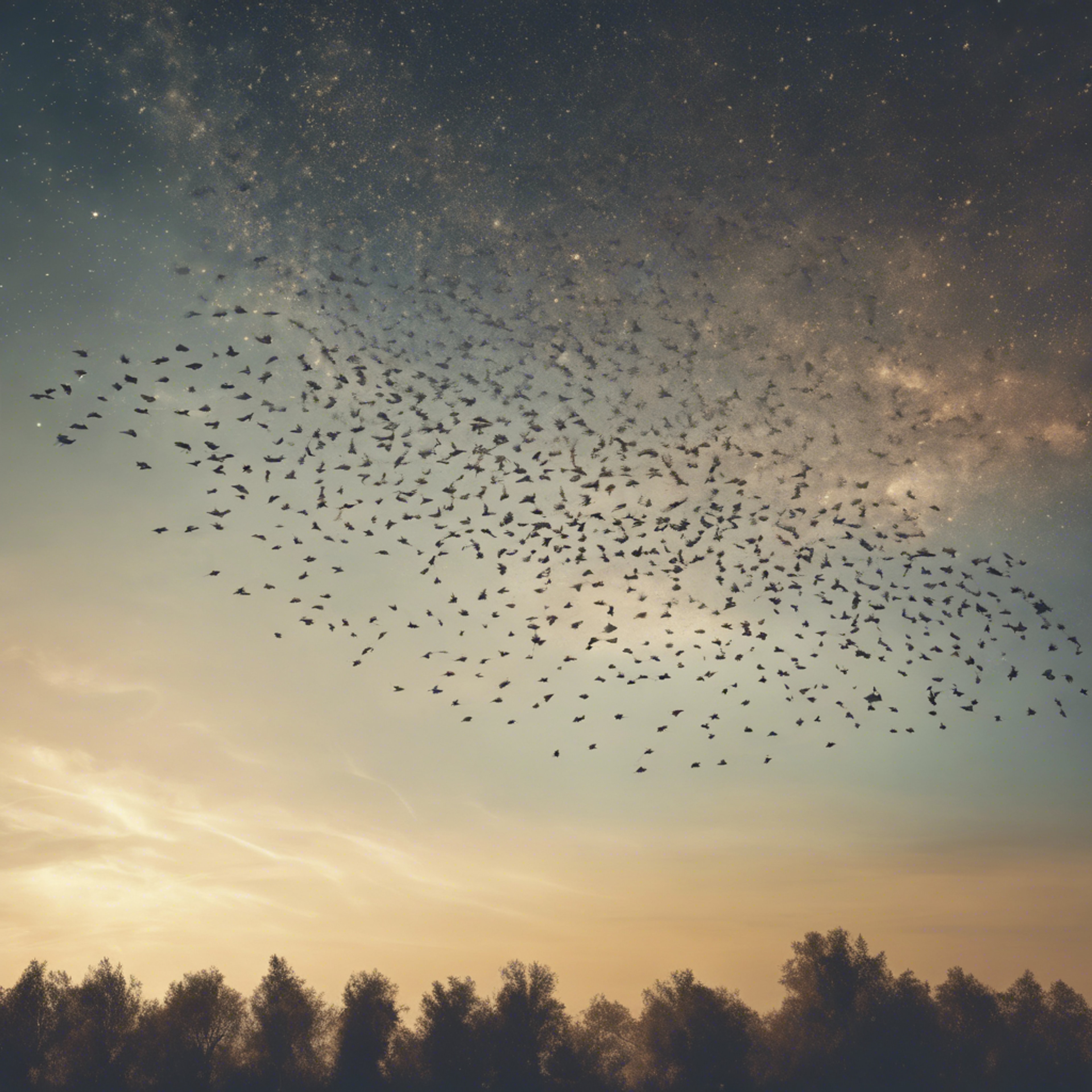 A flock of birds migrating in a formation under the beautiful canvas of the star-filled sky. Wallpaper[484e39501ed147fa9155]