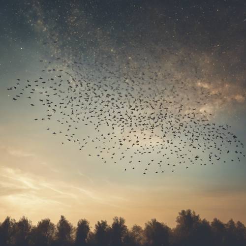 A flock of birds migrating in a formation under the beautiful canvas of the star-filled sky.