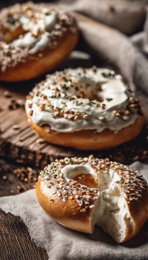 A freshly baked bagel with cream cheese spread on top, placed on a rustic wooden table.