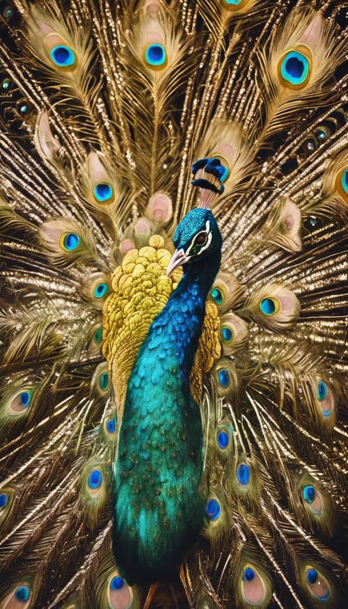 Um pavão dourado brilhante exibindo suas penas de cauda resplandecentes.