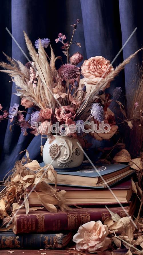 Elegante Blumen auf Büchern für Ihren Bildschirm