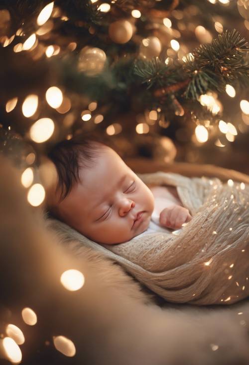 A darling baby sleeping peacefully near a sparkling New Year tree.