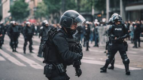A riot police officer in full gear bravely managing a chaotic demonstration