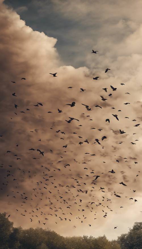 Uno stormo di uccelli si libra in volo in un cielo pieno di vorticose nuvole marroni, poco prima di una tempesta.
