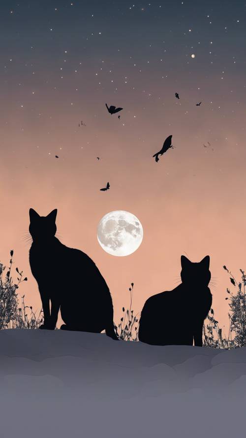 Collage de siluetas de gatos negros contra un cielo iluminado por la luna.