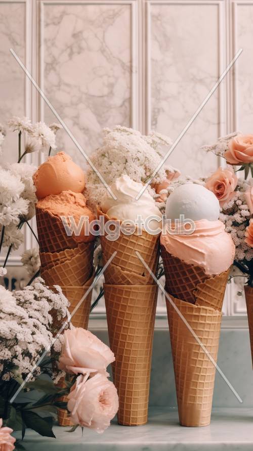 โคนไอศกรีมหลากสีสันกับดอกไม้