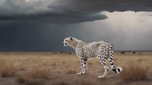 这是一幅气氛阴郁的画作，描绘的是雷雨天气中荒芜平原上的一只孤独的白色猎豹。
