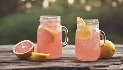 Pompelmo rosa appena spremuto e limonata gialla in vasetti di vetro su un tavolo rustico.