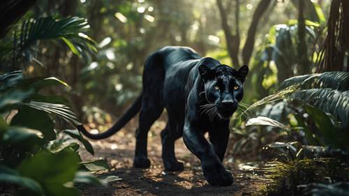 Czarna pantera grasująca w ciemnej tropikalnej dżungli, jej oczy świecą groźnie.
