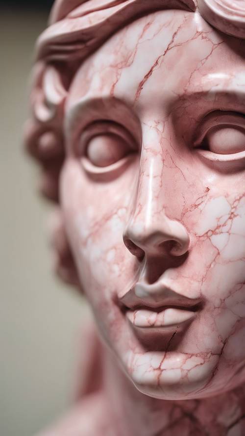 이탈리아 박물관에 있는 분홍색 대리석 조각상 얼굴의 세부 묘사.