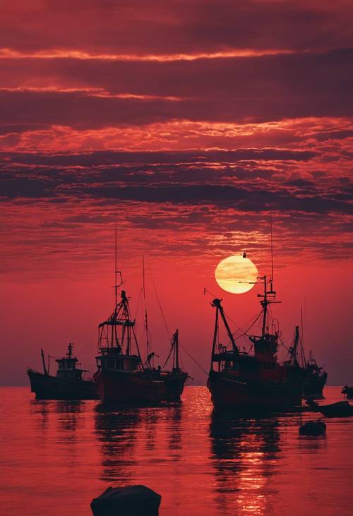 Czerwony zachód słońca nad morzem, horyzont zaznaczony ciemnymi kształtami łodzi rybackich wracających do domu.