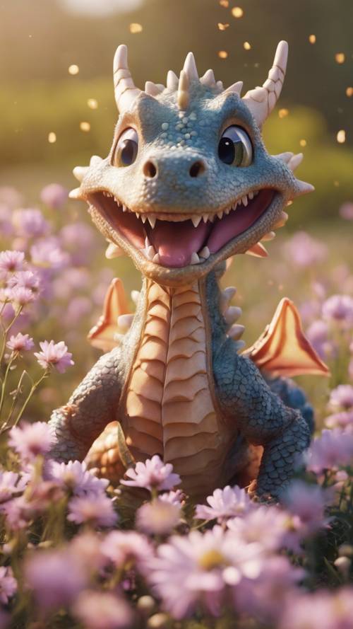 A playful young dragon frolicking in a field of flowers Tapet [40212cd04798421ca22d]