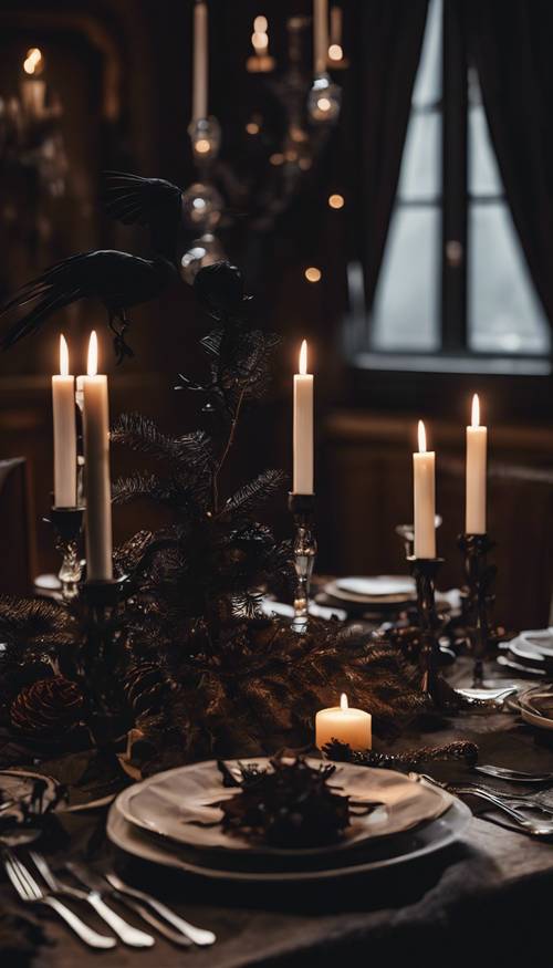 Una mesa de cena navideña dispuesta en una habitación con poca luz, con velas negras, vino oscuro y una pieza central inusual de plumas de cuervo.