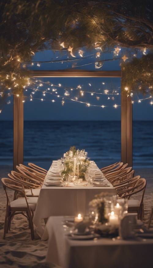 Elegant dinner setup on a glass table under twinkling stars on a beach during a calm, clear night.
