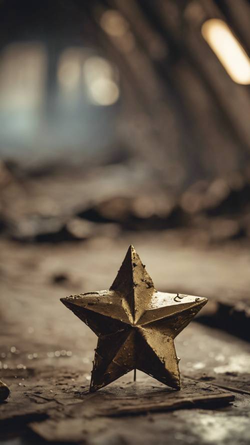 A grubby, antique gold star tarnished with time, lying forgotten in a dusty attic.