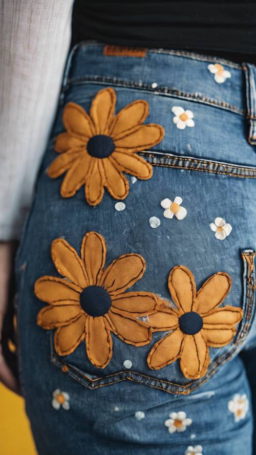 A pair of 1970s bell-bottom jeans with a bold, hand-sewn daisy pattern