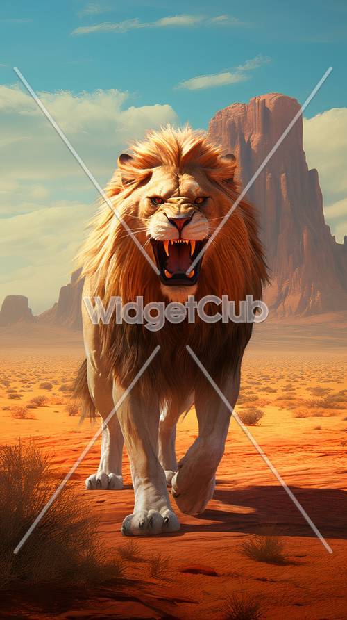 砂漠でほえる強いライオン - 壁紙