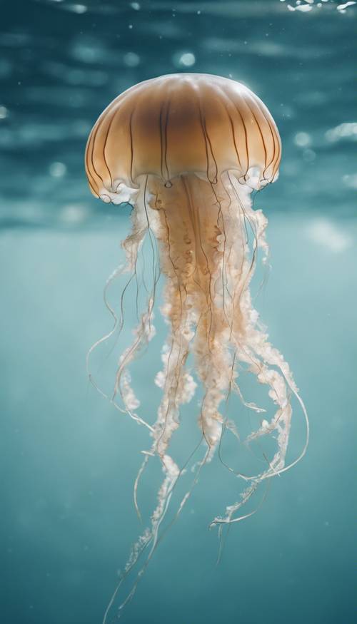 一只优雅的水母独自在深蓝色的大海中游动，