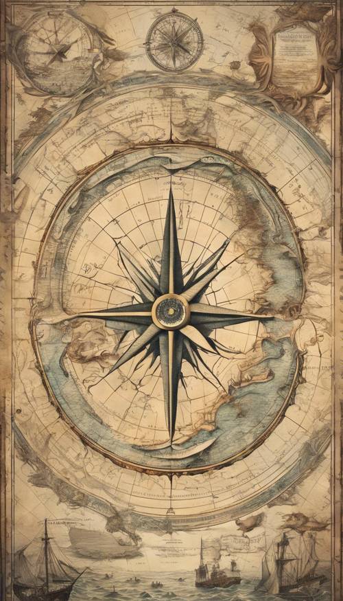 Una mappa da marinaio vintage degli oceani artici con rose dei venti decorative e mostri marini