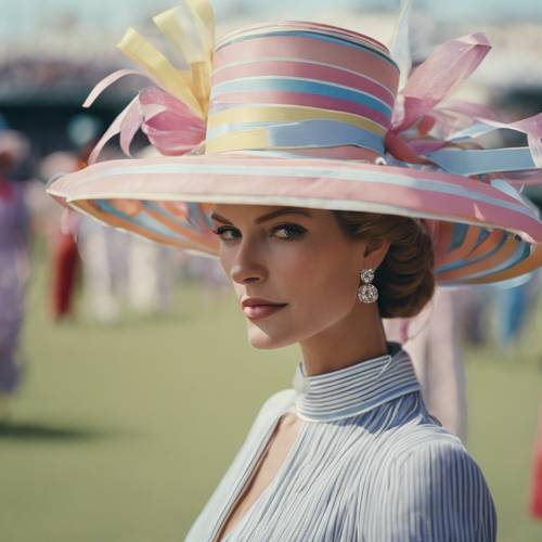 An elegant lady wearing a flamboyant hat with pastel-striped ribbons at a derby.