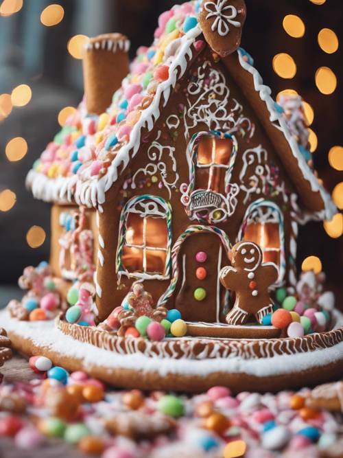 A gingerbread house decorated with candy and icing.