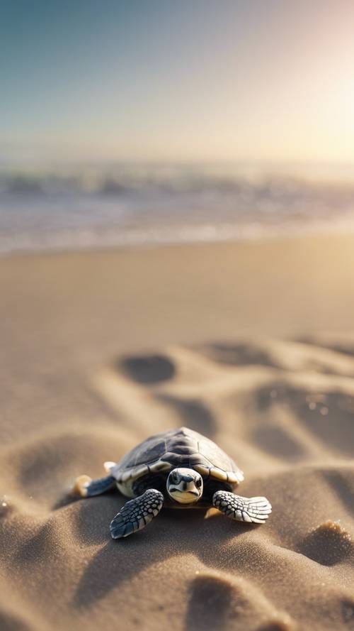 Una cría de tortuga marina acaba de nacer de su huevo en una playa de arena y emprende su primer viaje hacia el océano.