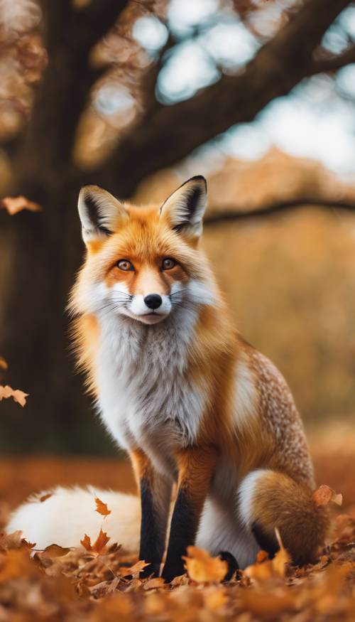 Uma raposa fofa laranja e branca, olhando curiosa e atentamente para o observador, tendo como pano de fundo a brilhante folhagem de outono.