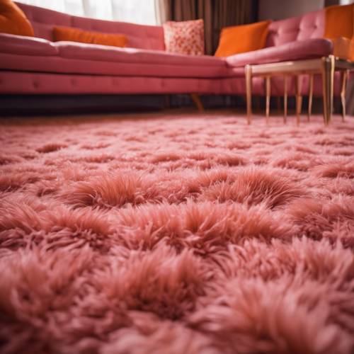 빈티지 가구를 갖춘 복고풍 라운지에 핑크색과 오렌지색 털 카펫이 깔려 있습니다.