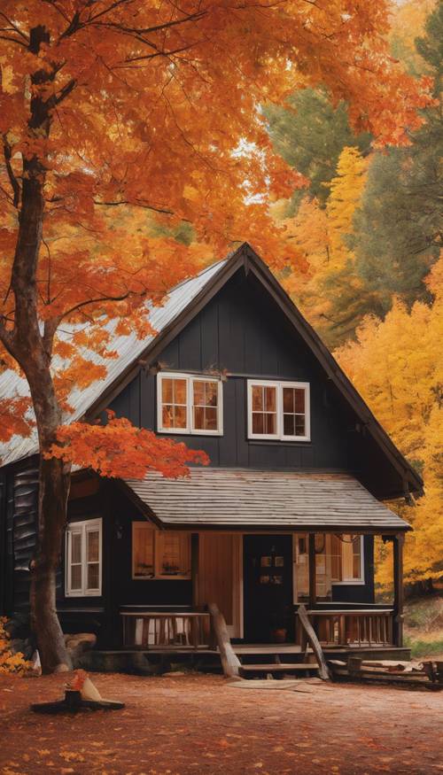 Uma cabana aconchegante cercada por folhas coloridas de outono