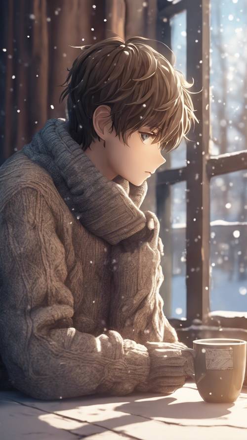 Garoto anime com um suéter aconchegante bebendo chocolate quente perto de uma janela em um dia frio de inverno.