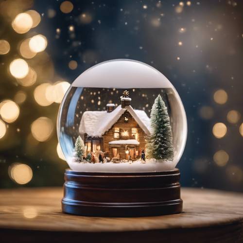 Um globo de neve sobre uma mesa de madeira, contendo uma cidade nevada em miniatura com uma árvore de Natal iluminada bem no centro.