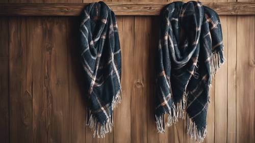 一条深色格子厚羊毛围巾挂在木衣架上。