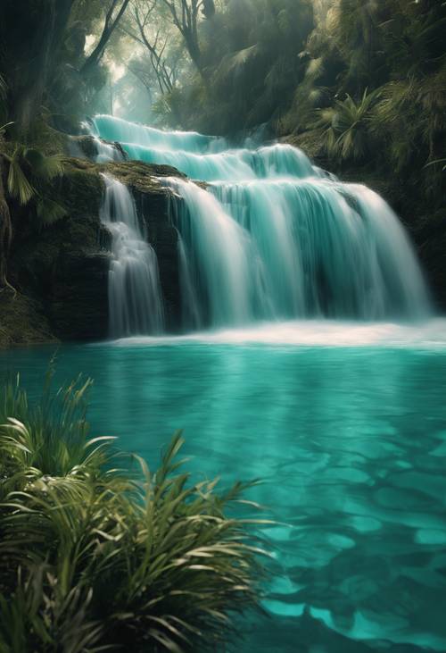 Ein blaugrünes Seidenmuster, das wie ein verzauberter Wasserfall aussieht, der in eine magische Lagune stürzt.