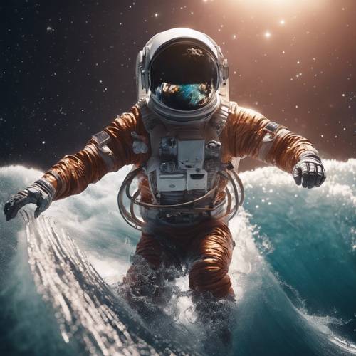 An astronaut surfing on a galaxy wave in cosmos.