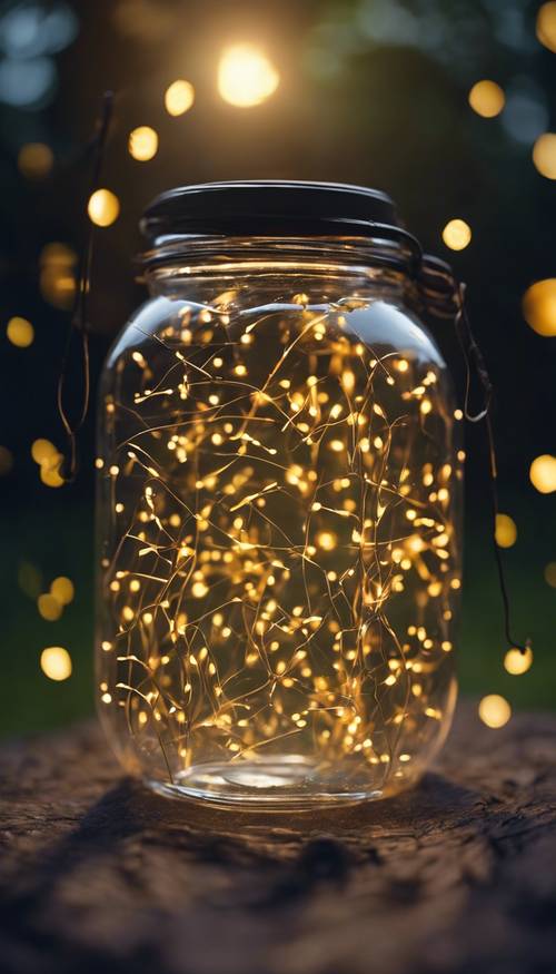 A clear glass jar filled with fireflies twinkling like fairy lights in the warm summer night.