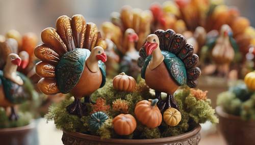 An array of tiny hand-painted ceramic turkeys on a Thanksgiving themed plant arrangement.