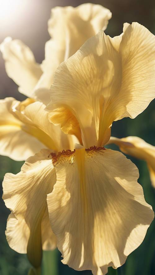 Eine Nahaufnahme einer gelben Iris mit zarten Blütenblättern, die im Sonnenlicht leicht durchscheinend sind.