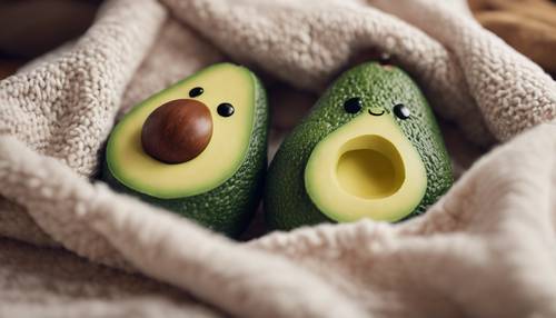 A sleepy and adorable kawaii-style avocado under a soft, fluffy blanket.