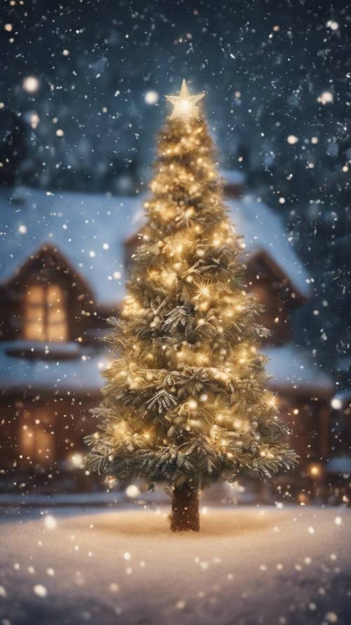 An illuminated Christmas tree surrounded by falling snowflakes.