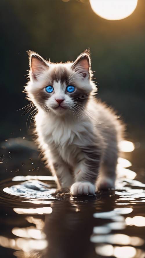 Seekor anak kucing Ragdoll dengan mata biru dan tanda titik coklat berjalan dengan anggun di sepanjang tepi sungai di bawah sinar bulan.