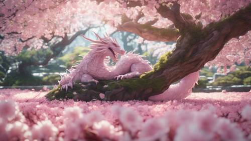 Un dragón anime durmiendo entre las raíces de un gigantesco cerezo en flor.