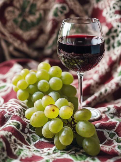 A still-life of red wine and green grapes on a patterned tablecloth