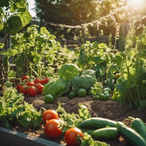 Uma pequena horta no estilo cottagecore, repleta de folhas verdes e tomates e pepinos maduros, cultivados sob luz solar quente.