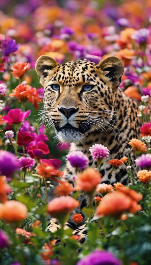 Vista desde el suelo de una variedad de flores vívidas que imitan un diseño con estampado de leopardo.